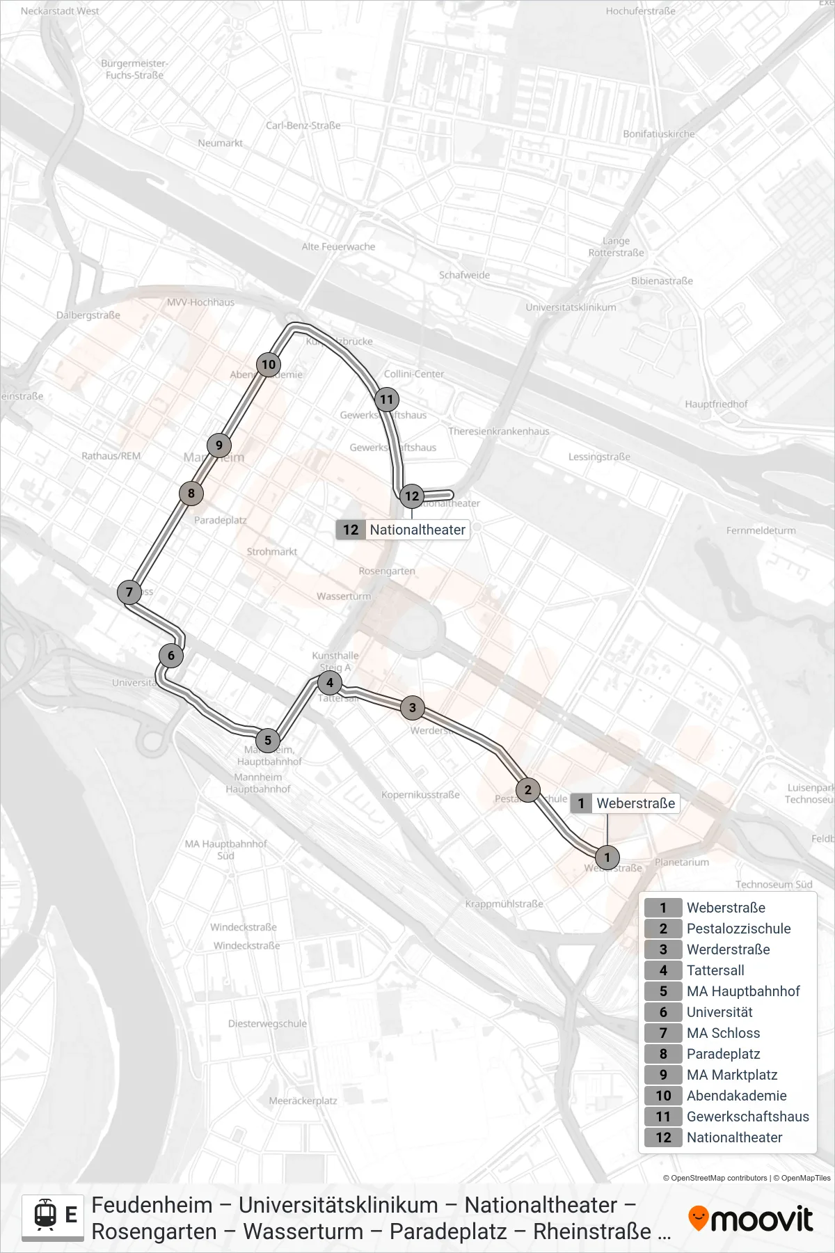 E tram Line (Feudenheim) route and stops on a map