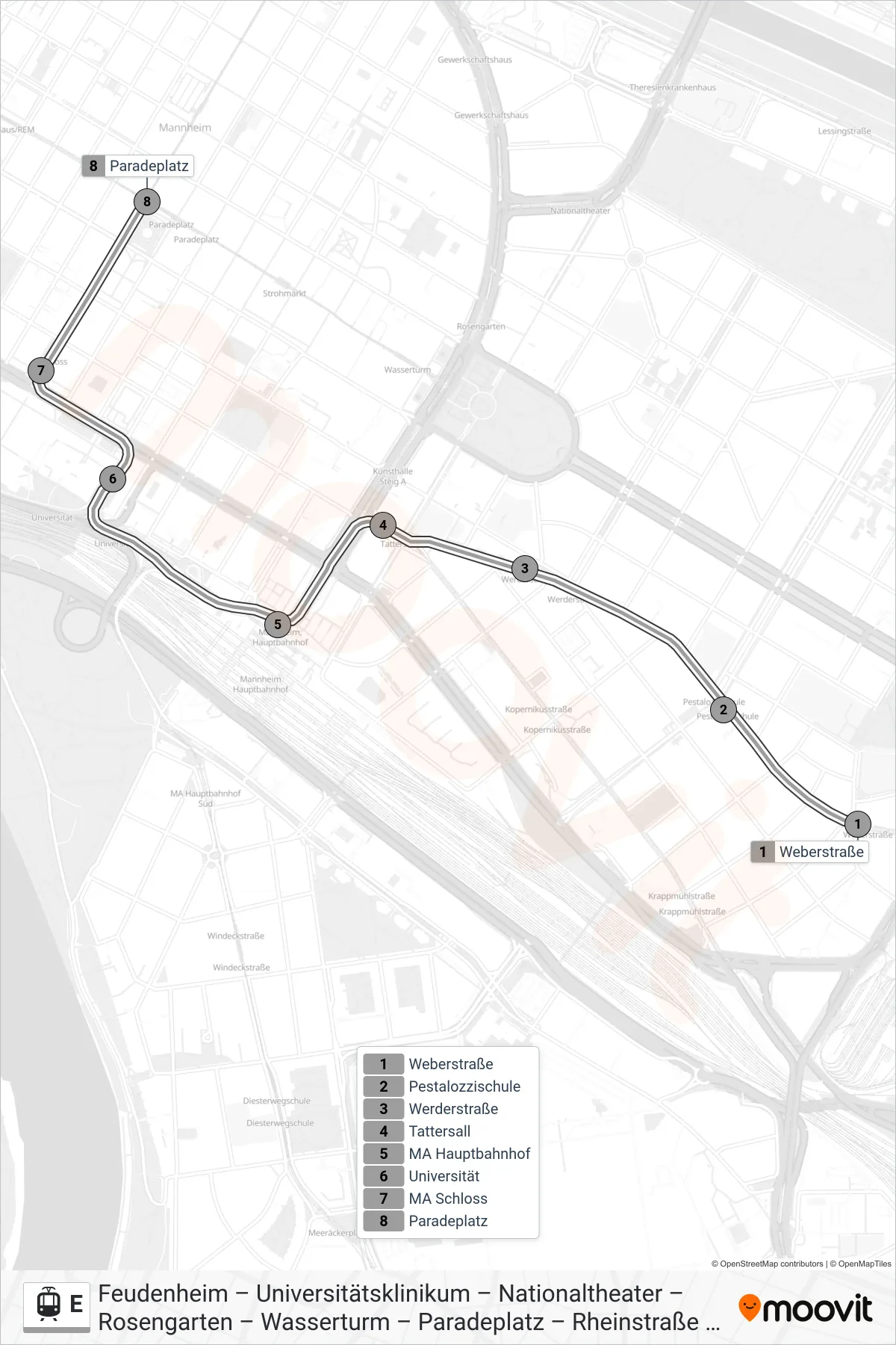 Linie E (Straßenbahn) Richtung Neckarstadt West: Route und Haltestellen auf der Karte