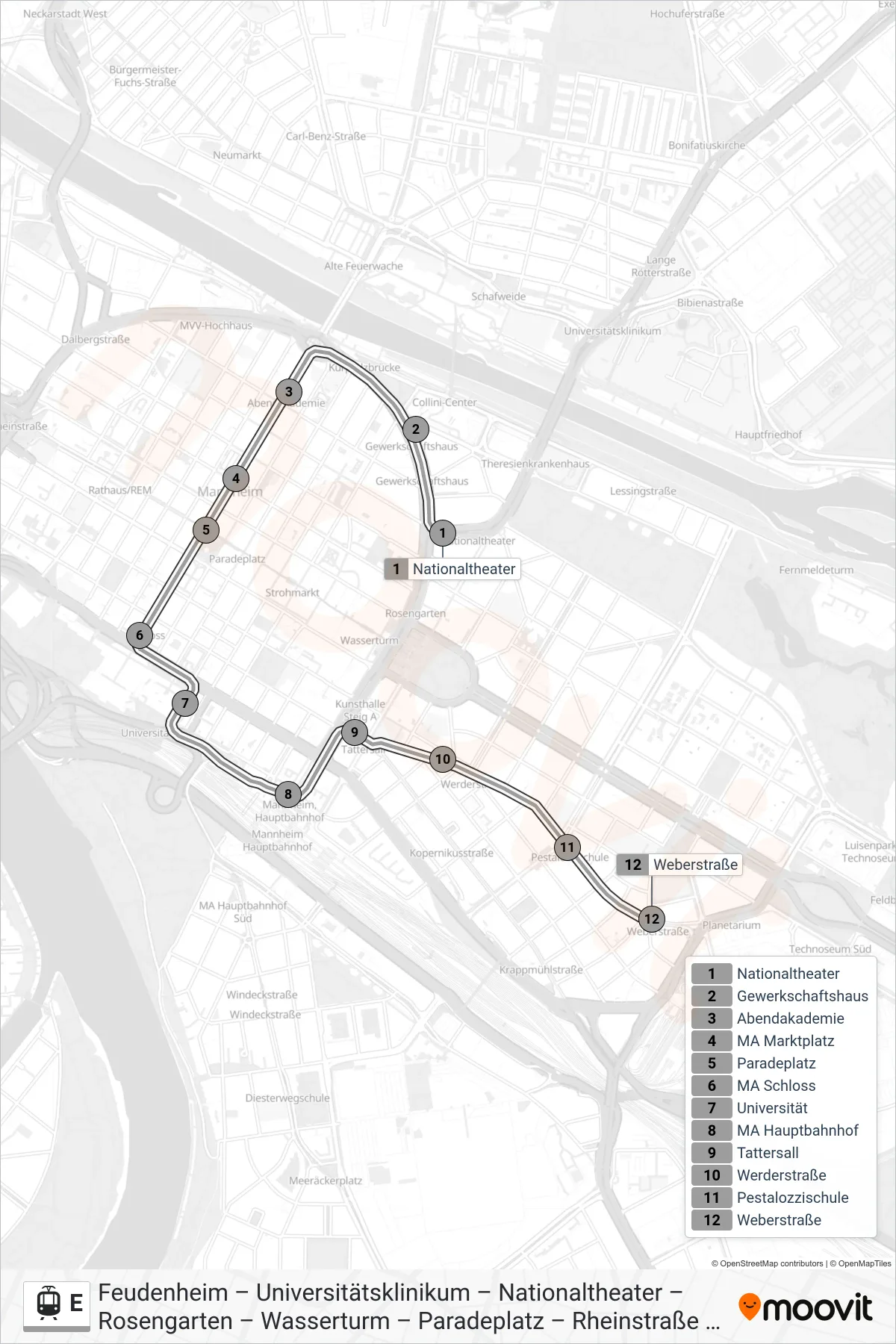 Linie E (Straßenbahn) Richtung Weberstraße: Route und Haltestellen auf der Karte