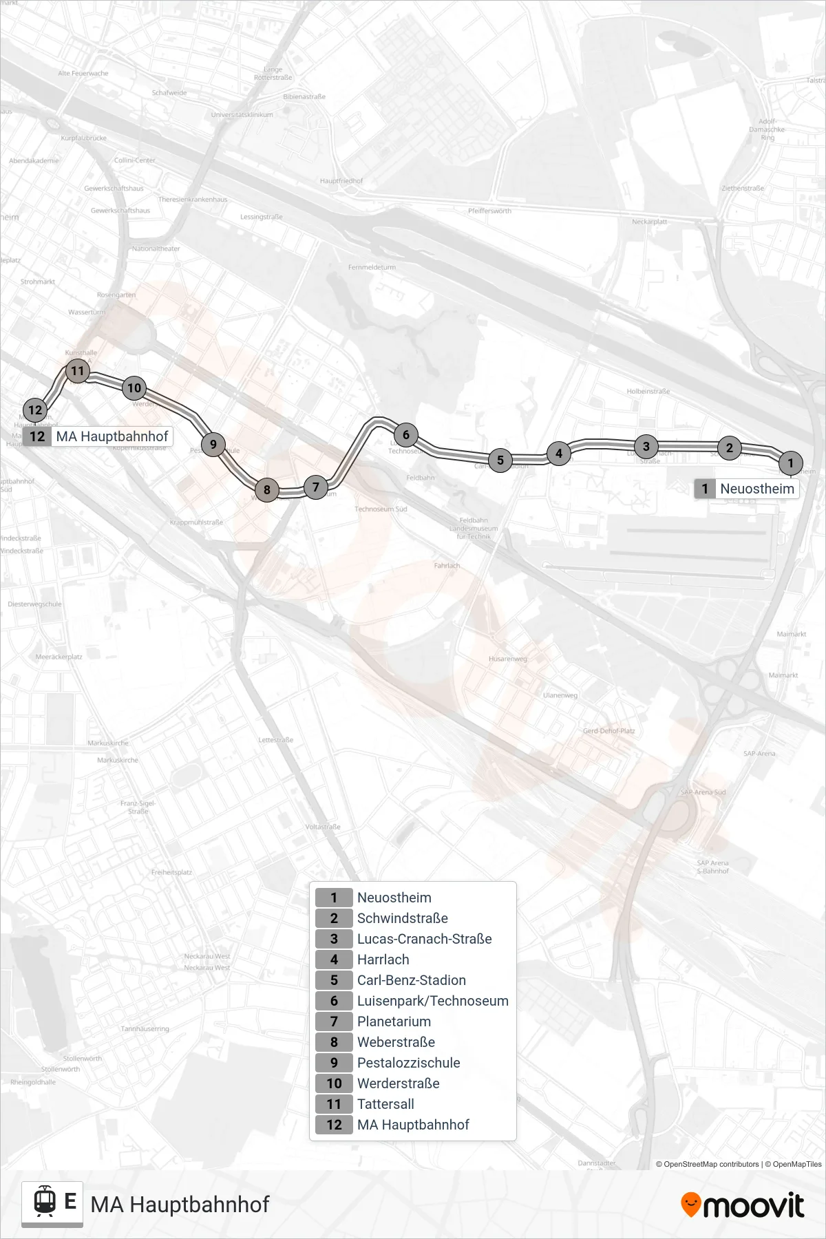 Linie E (Straßenbahn) Richtung MA Hauptbahnhof: Route und Haltestellen auf der Karte