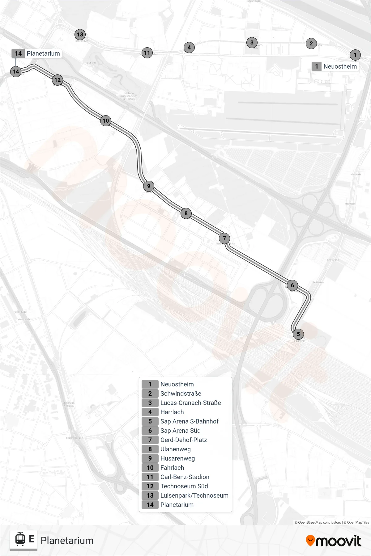 Linie E (Straßenbahn) Richtung Planetarium: Route und Haltestellen auf der Karte