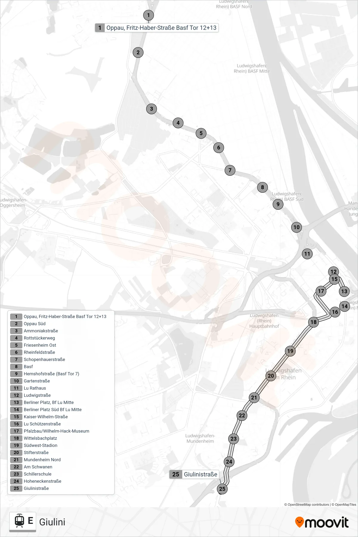 Linie E (Straßenbahn) Richtung Giulini: Route und Haltestellen auf der Karte