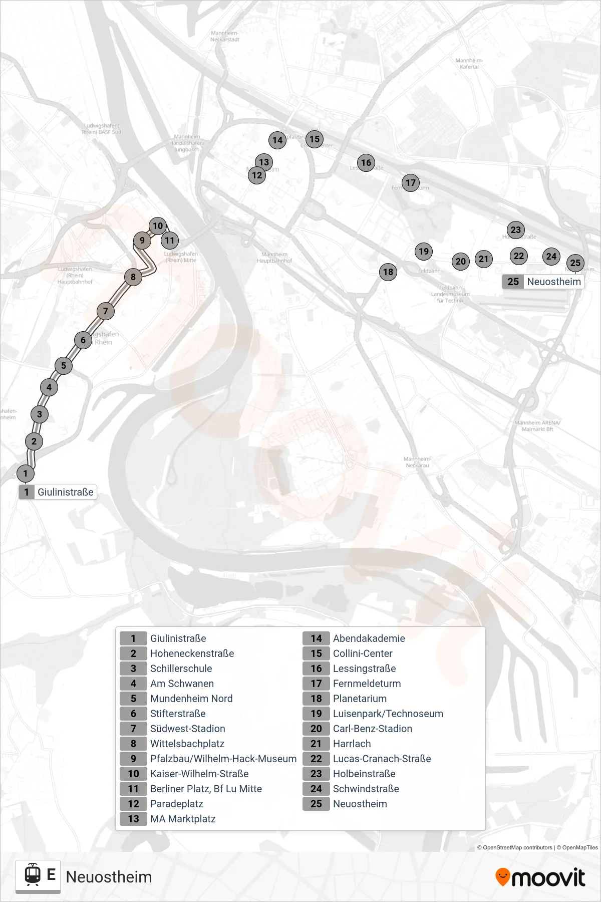 Linie E (Straßenbahn) Richtung Neuostheim: Route und Haltestellen auf der Karte