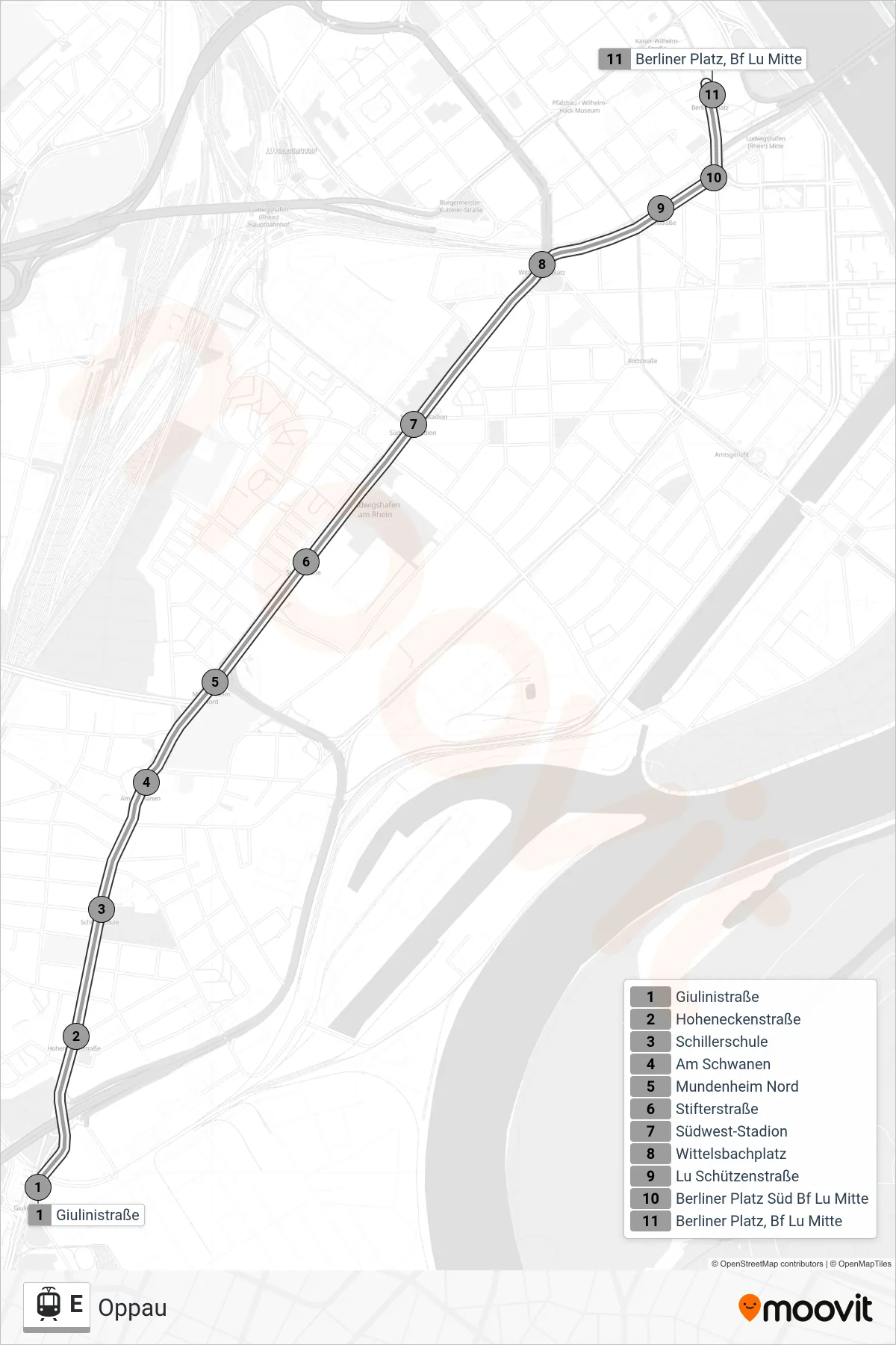 Linie E (Straßenbahn) Richtung Oppau: Route und Haltestellen auf der Karte