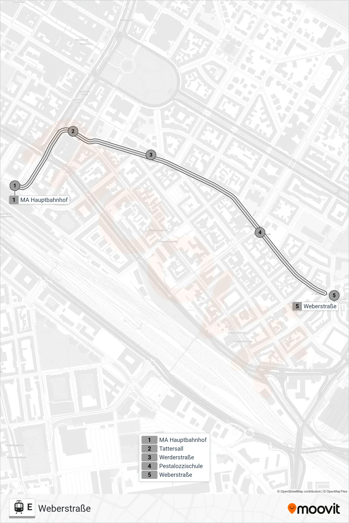 Linie E (Straßenbahn) Richtung Weberstraße: Route und Haltestellen auf der Karte
