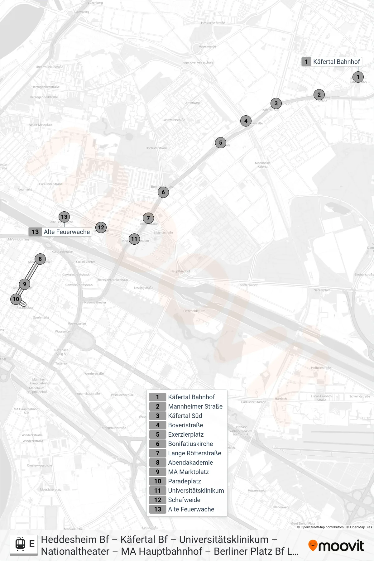 Linie E (Tram) Richtung Paradeplatz: Route und Haltestellen auf der Karte