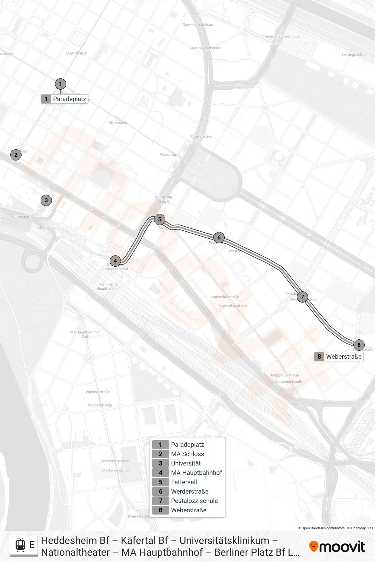 Linie E (Straßenbahn) Richtung Weberstraße: Route und Haltestellen auf der Karte