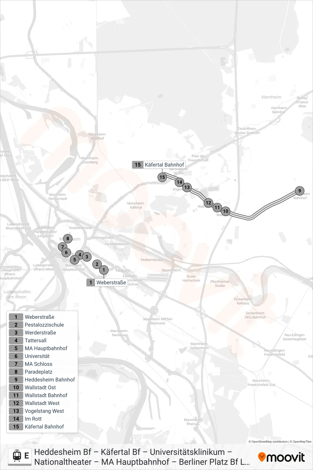 Linie E (Straßenbahn) Richtung Käfertal Bf: Route und Haltestellen auf der Karte