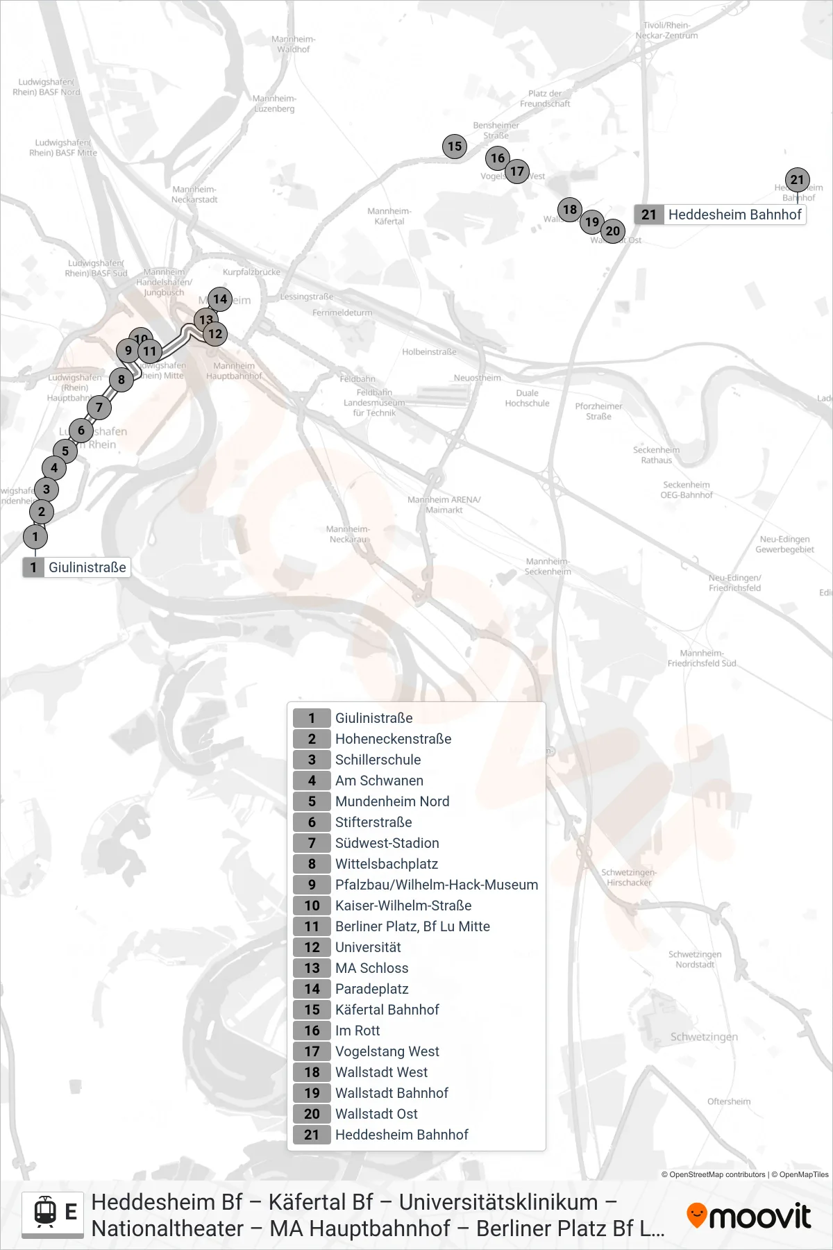 Linie E (Straßenbahn) Richtung Heddesheim Bf: Route und Haltestellen auf der Karte