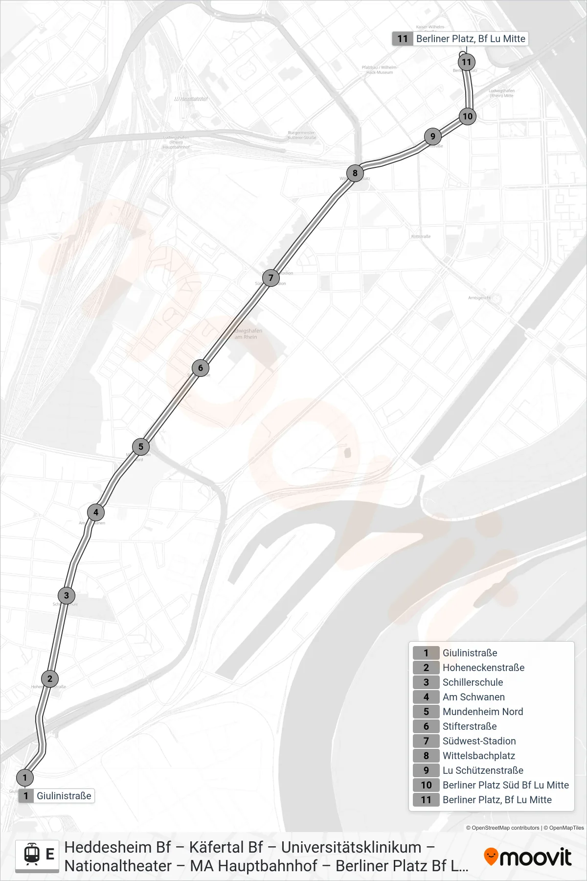 Linie E (Straßenbahn) Richtung Ebertpark: Route und Haltestellen auf der Karte
