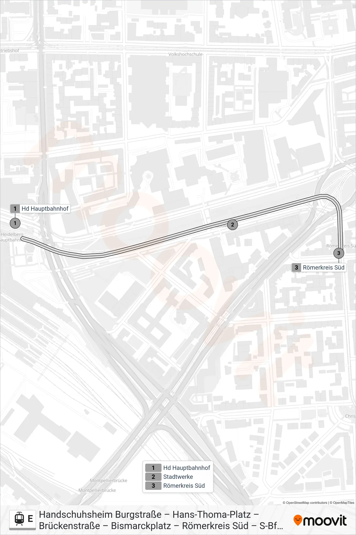 Linie E (Straßenbahn) Richtung Leimen Friedhof: Route und Haltestellen auf der Karte
