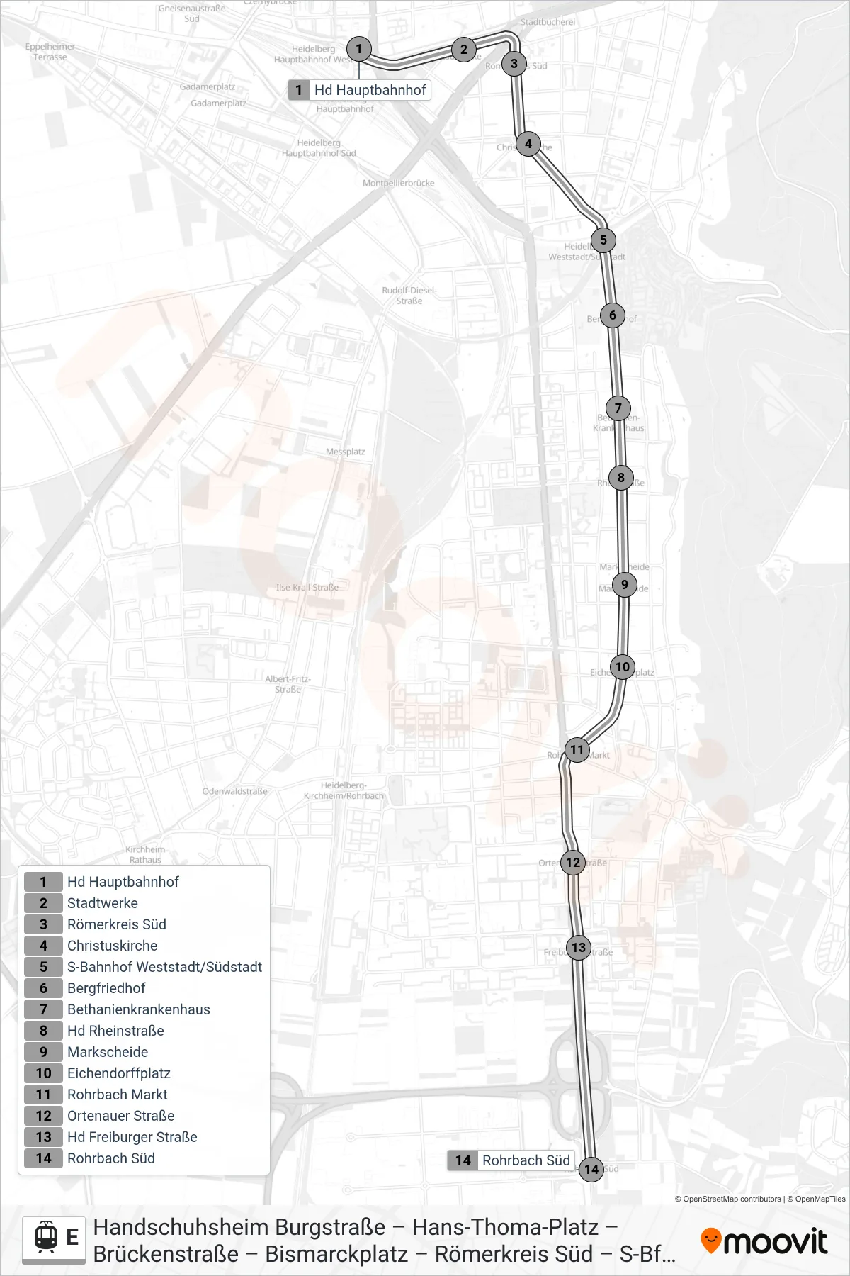 Linie E (Straßenbahn) Richtung Rohrbach Süd: Route und Haltestellen auf der Karte