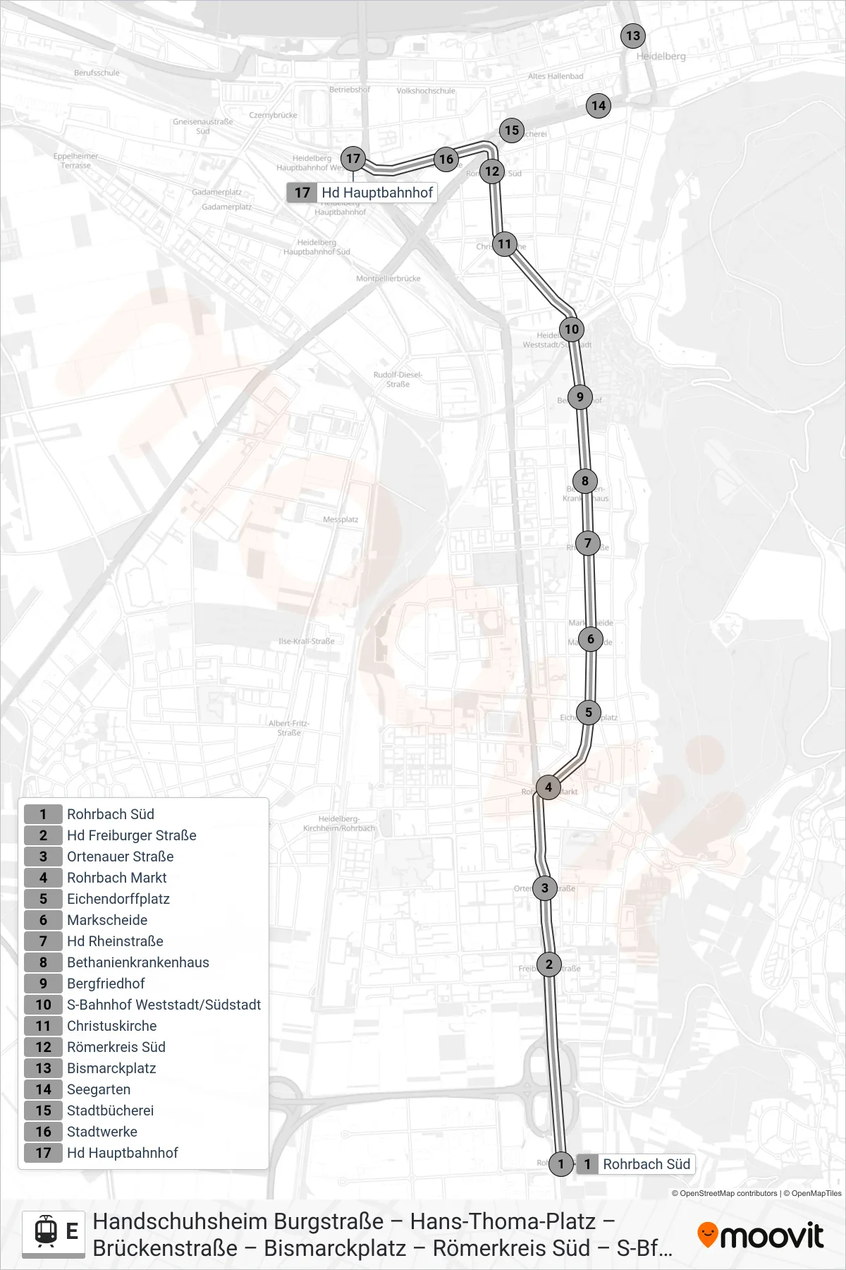 Linie E (Straßenbahn) Richtung Hd Hauptbahnhof: Route und Haltestellen auf der Karte