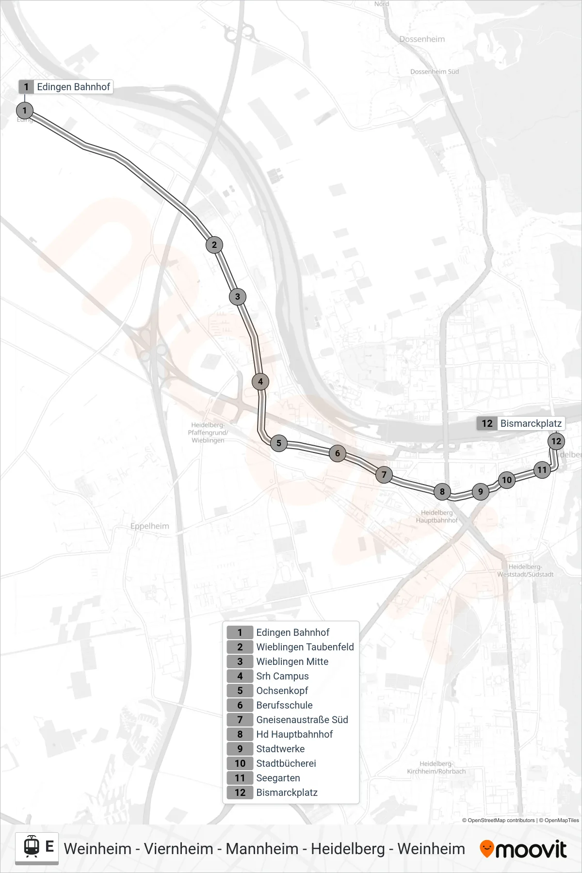 Linie E (Straßenbahn) Richtung Heidelberg: Route und Haltestellen auf der Karte