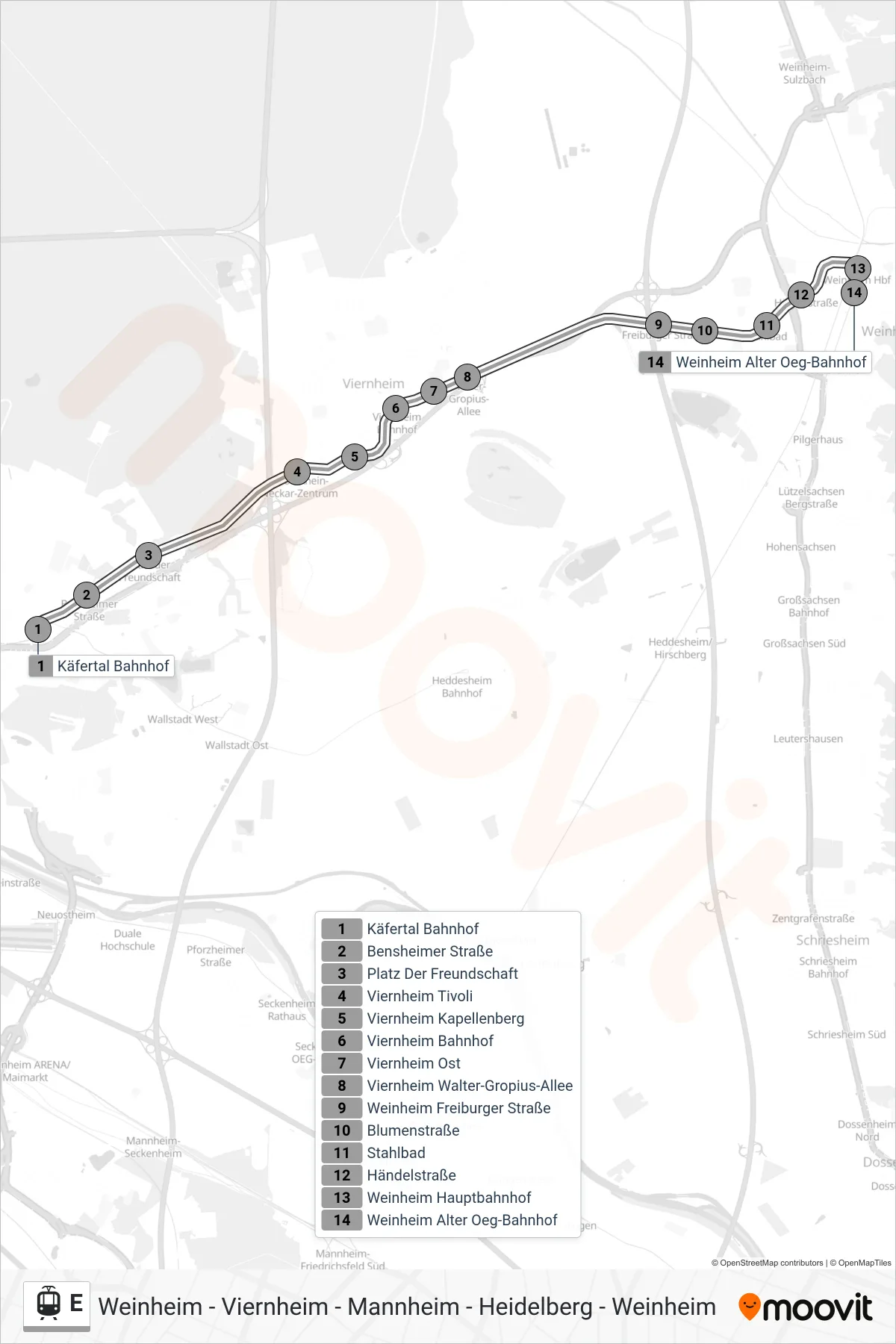 Linie E (Straßenbahn) Richtung Weinheim: Route und Haltestellen auf der Karte