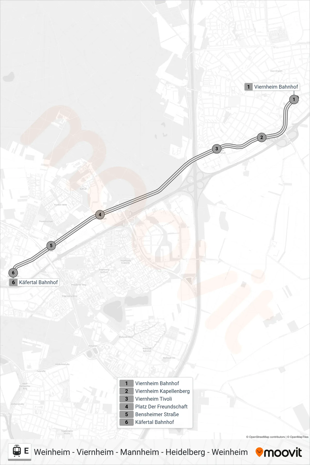 Linie E (Straßenbahn) Richtung Käfertal: Route und Haltestellen auf der Karte