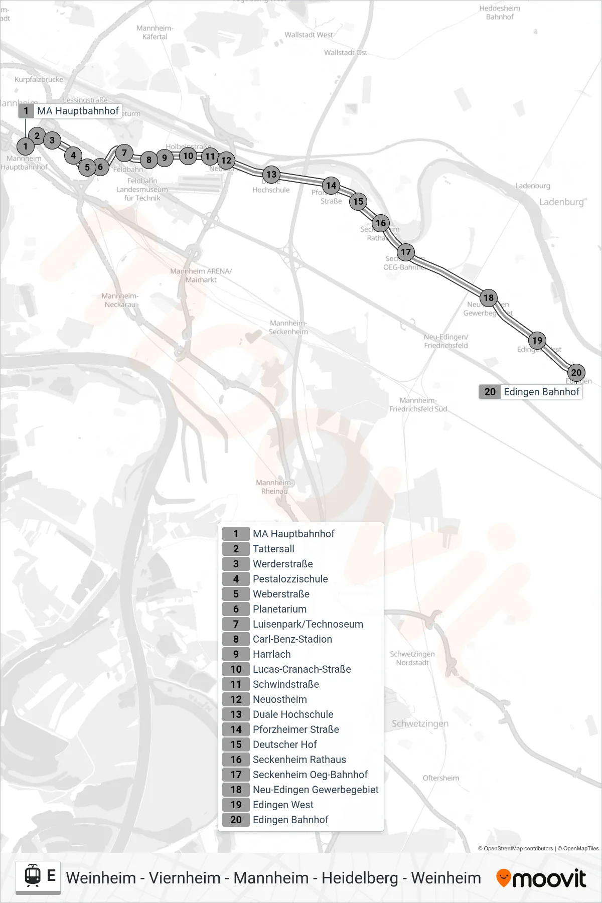 Linie E (Straßenbahn) Richtung Edingen: Route und Haltestellen auf der Karte