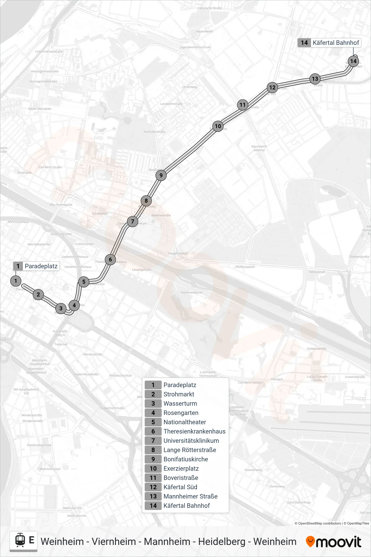 Linie E (Straßenbahn) Richtung Käfertal Bf: Route und Haltestellen auf der Karte