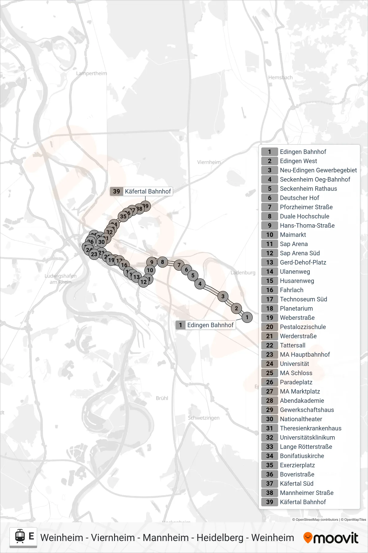 Linie E (Straßenbahn) Richtung MA Hauptbahnhof: Route und Haltestellen auf der Karte