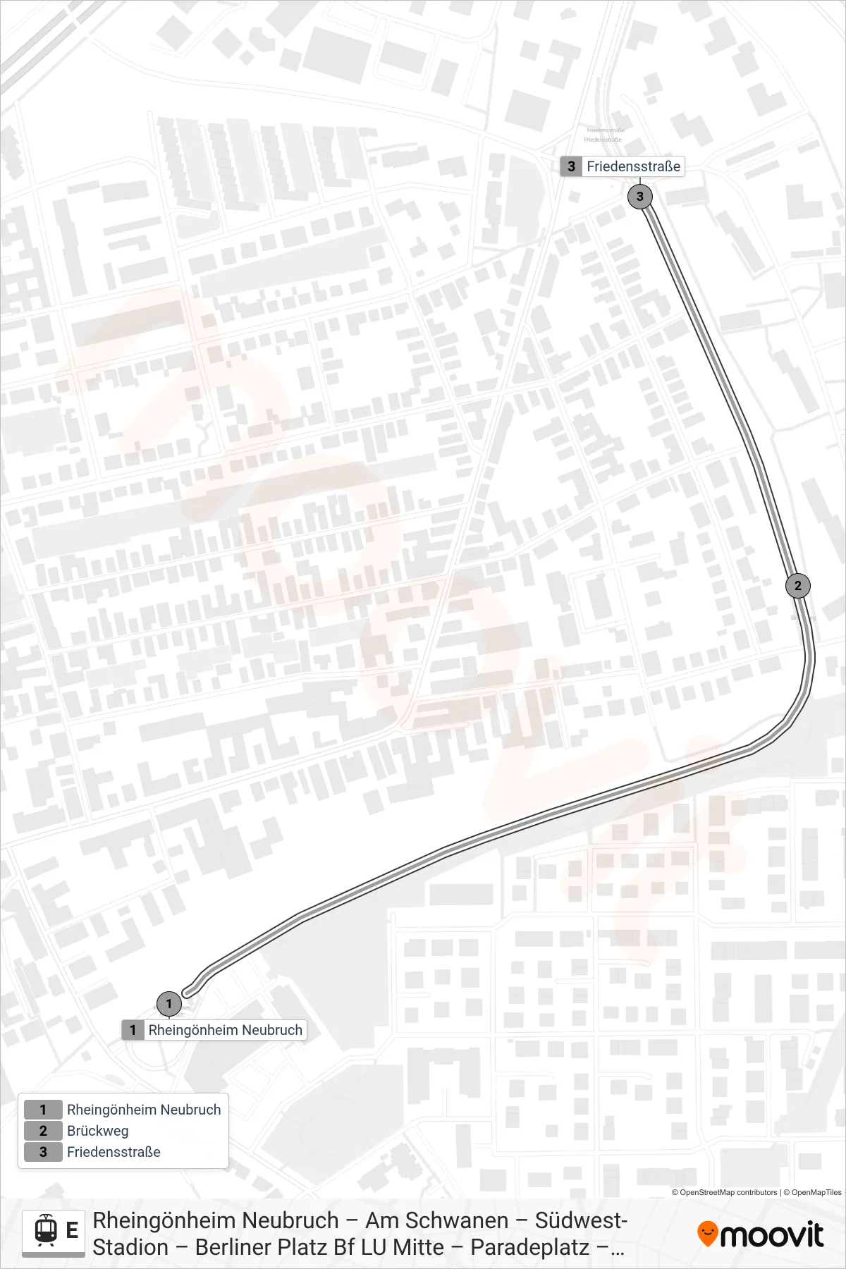 Linie E (Straßenbahn) Richtung Friedensstraße: Route und Haltestellen auf der Karte