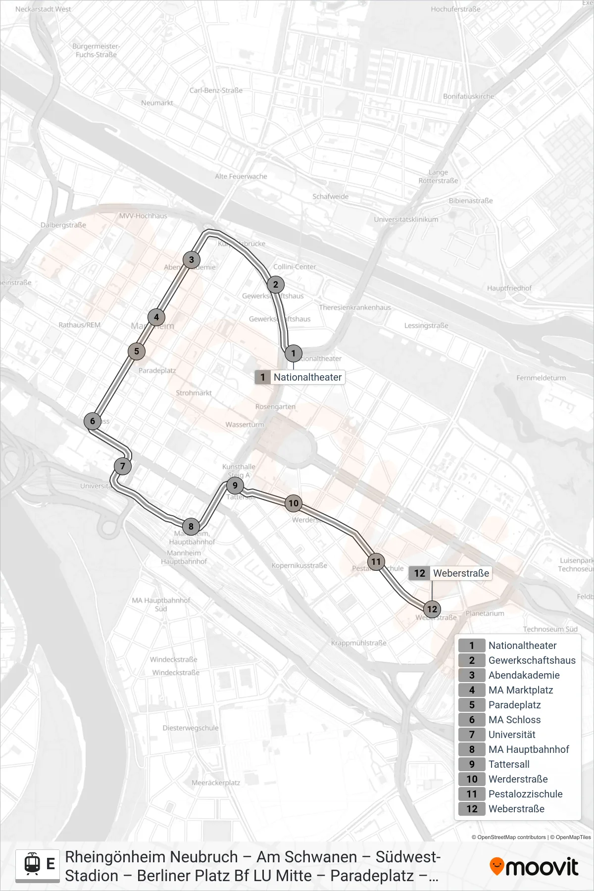 Linie E (Straßenbahn) Richtung Weberstraße: Route und Haltestellen auf der Karte