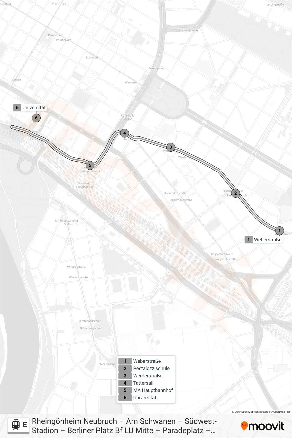 Linie E (Straßenbahn) Richtung Rheingönheim: Route und Haltestellen auf der Karte