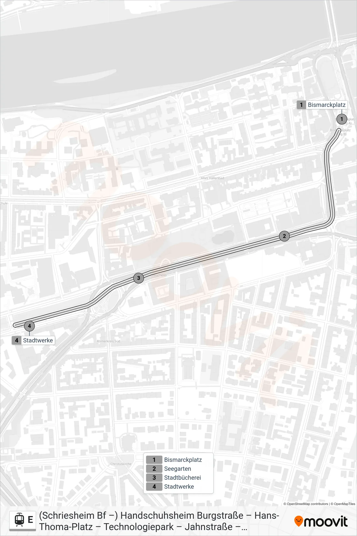 Linie E (Straßenbahn) Richtung Hd Hauptbahnhof: Route und Haltestellen auf der Karte