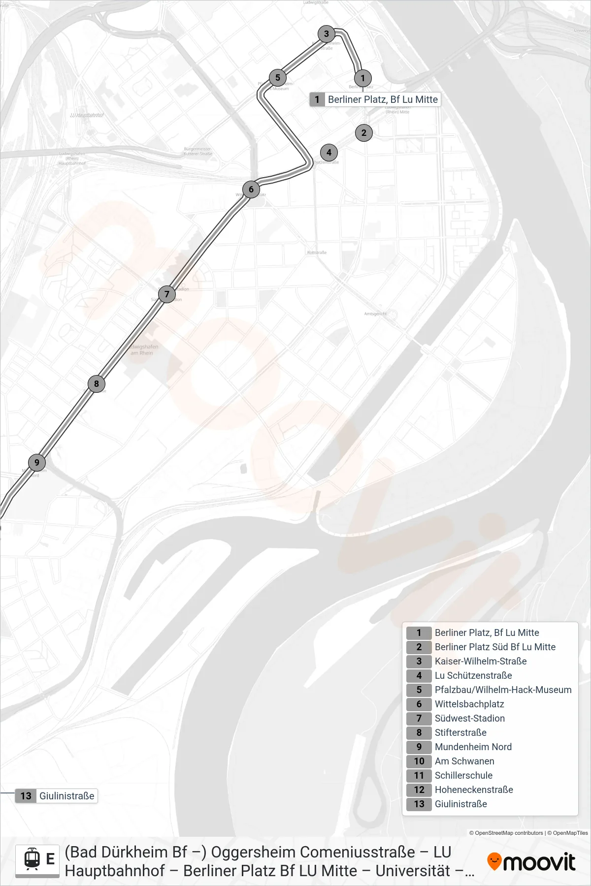 E tram Line (Giulini) route and stops on a map