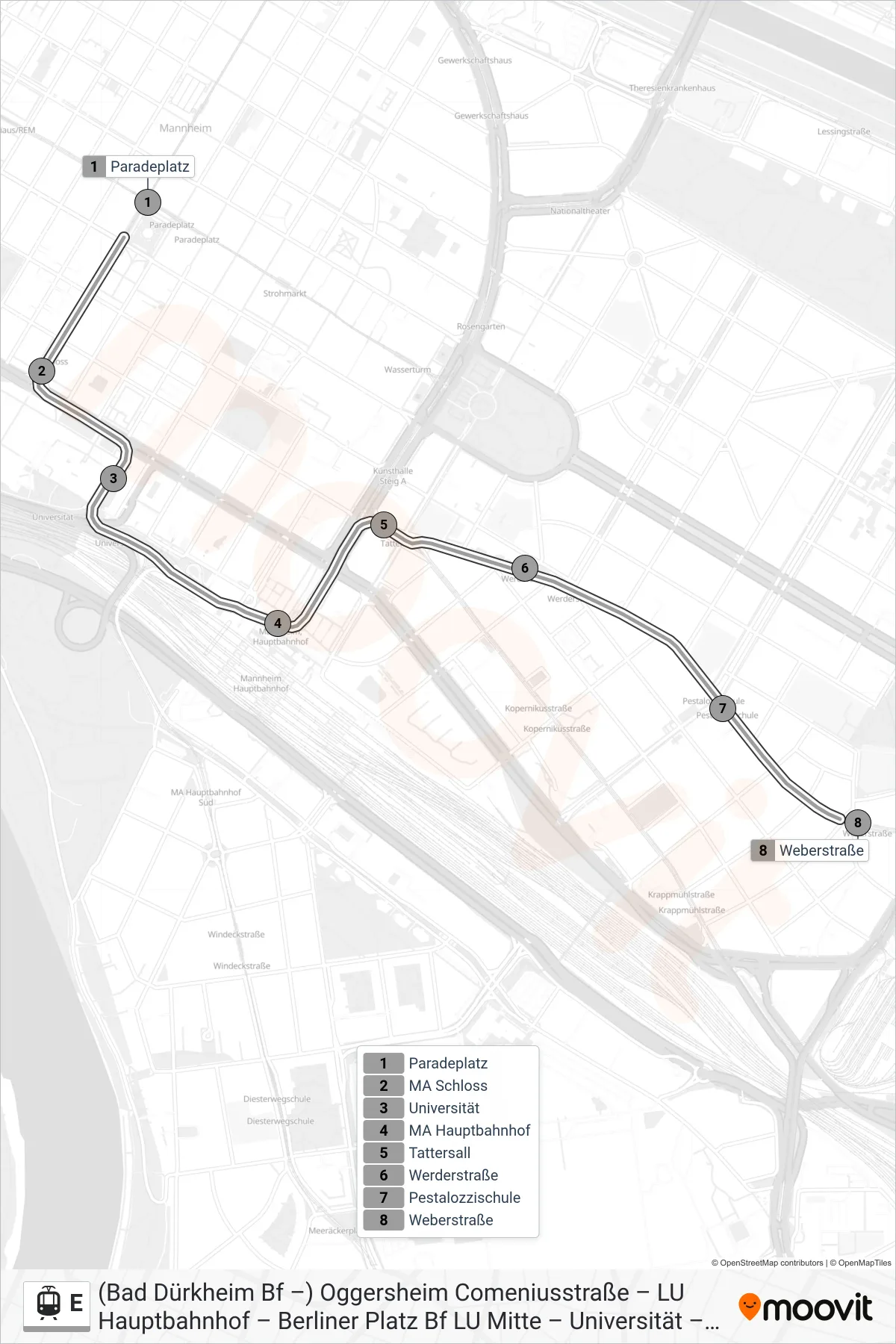 Linie E (Straßenbahn) Richtung Weberstraße: Route und Haltestellen auf der Karte