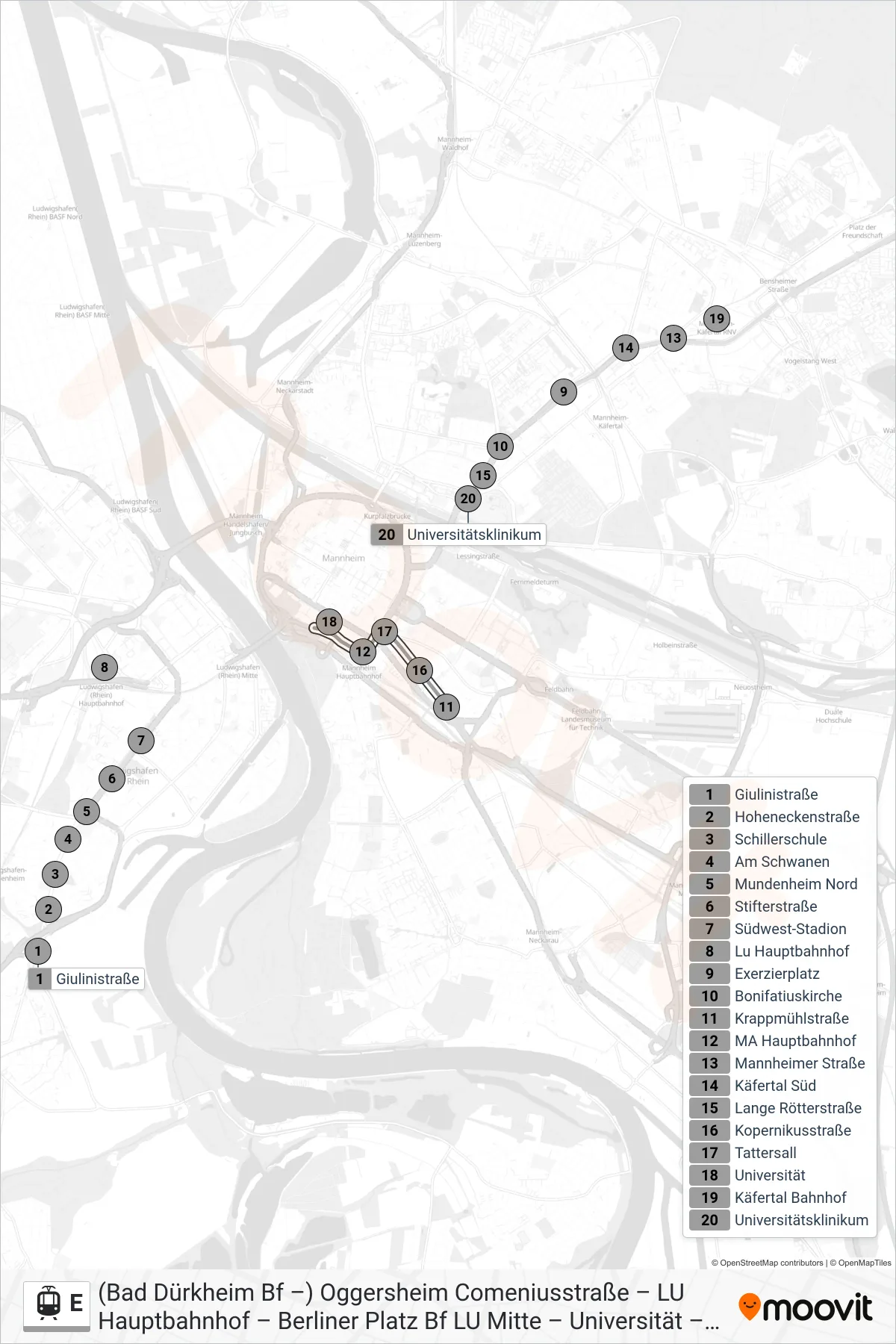 Linie E (Straßenbahn) Richtung Bad Dürkheim: Route und Haltestellen auf der Karte