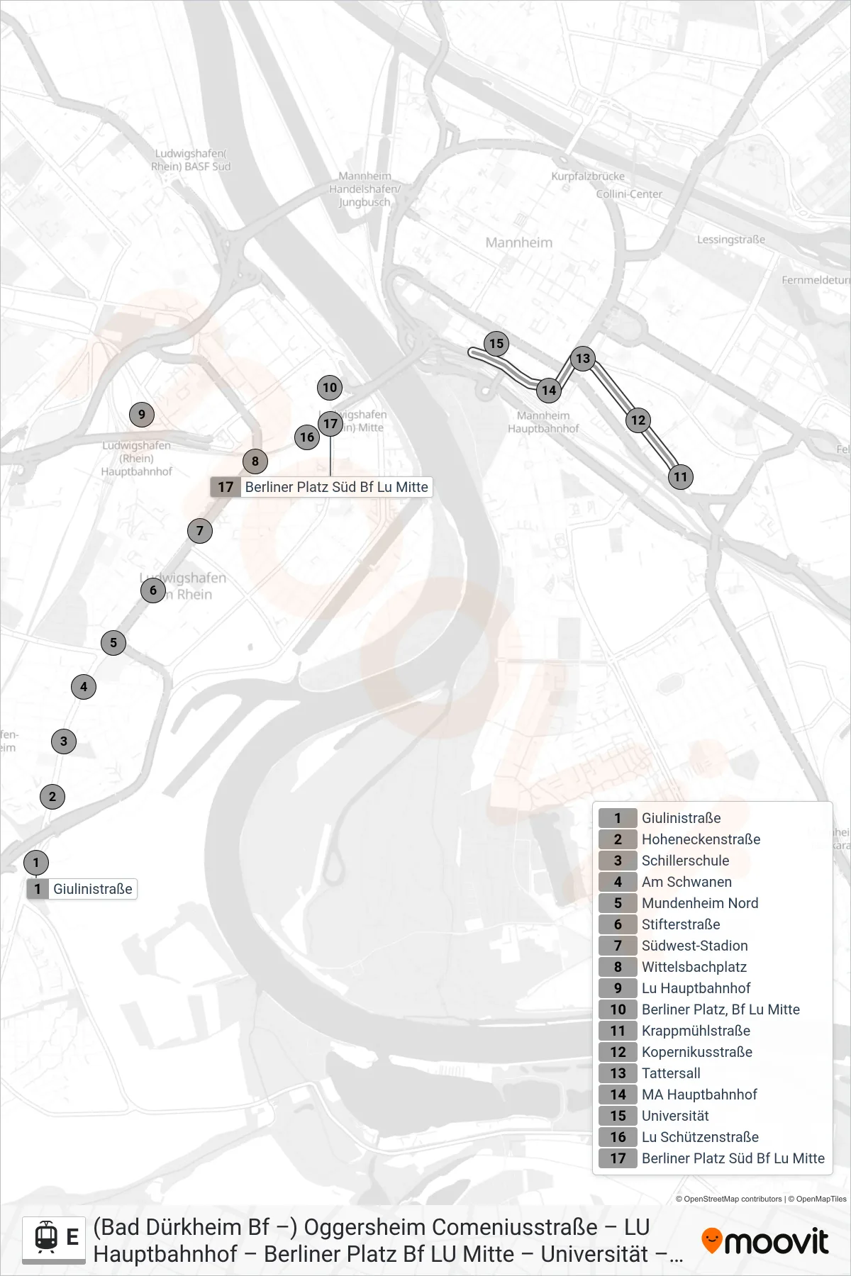 Linie E (Straßenbahn) Richtung Oggersheim: Route und Haltestellen auf der Karte