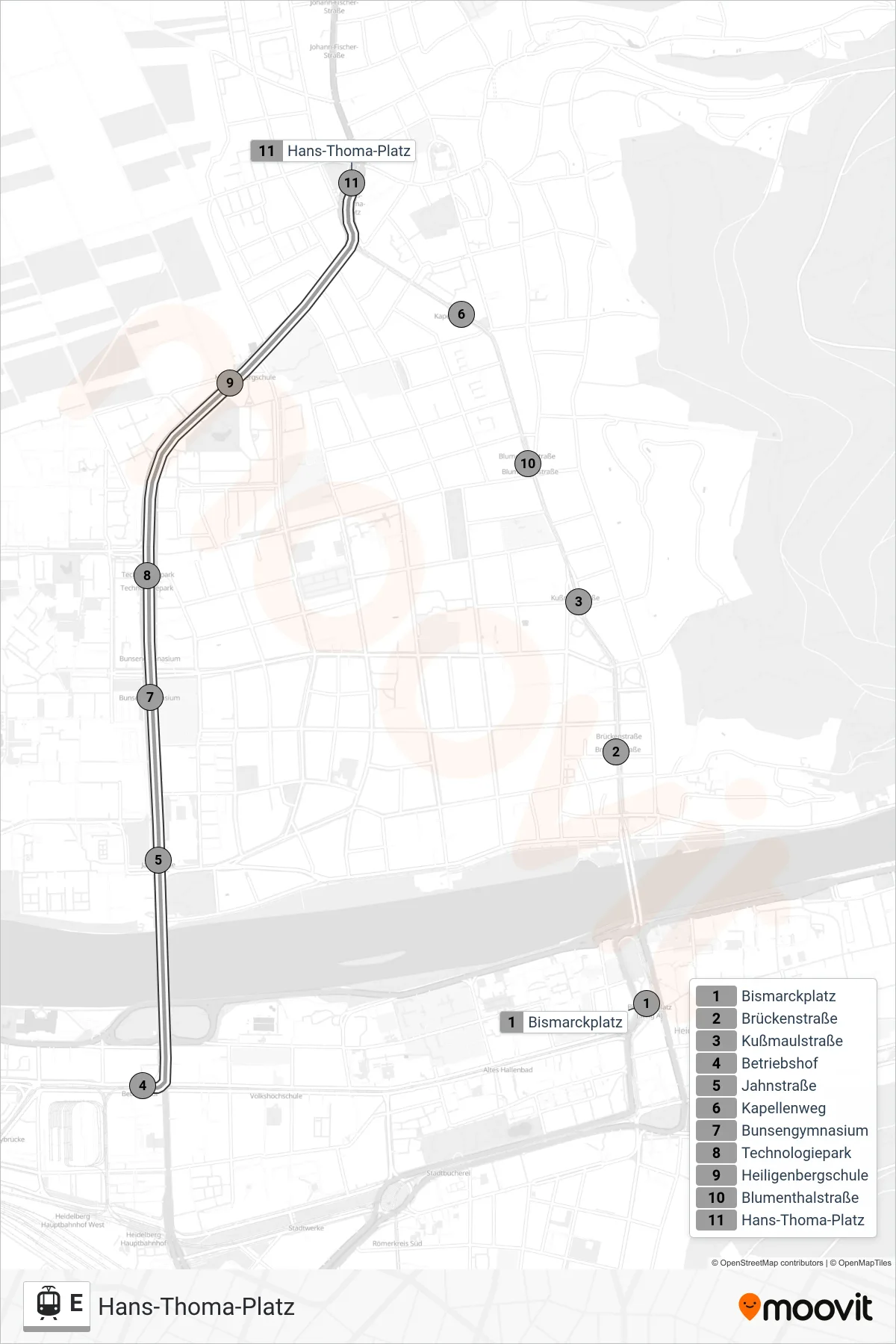 Linie E (Straßenbahn) Richtung Hans-Thoma-Platz: Route und Haltestellen auf der Karte