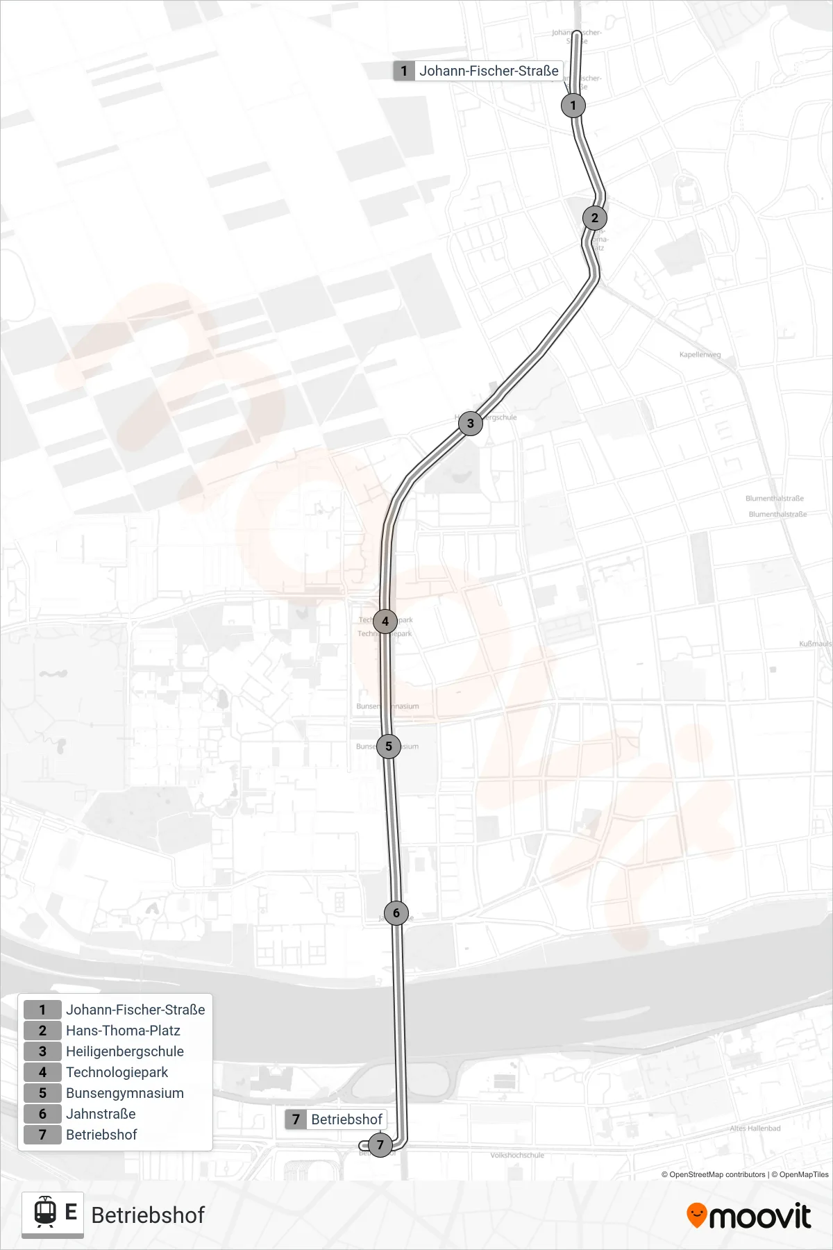 Linie E (Straßenbahn) Richtung Betriebshof: Route und Haltestellen auf der Karte
