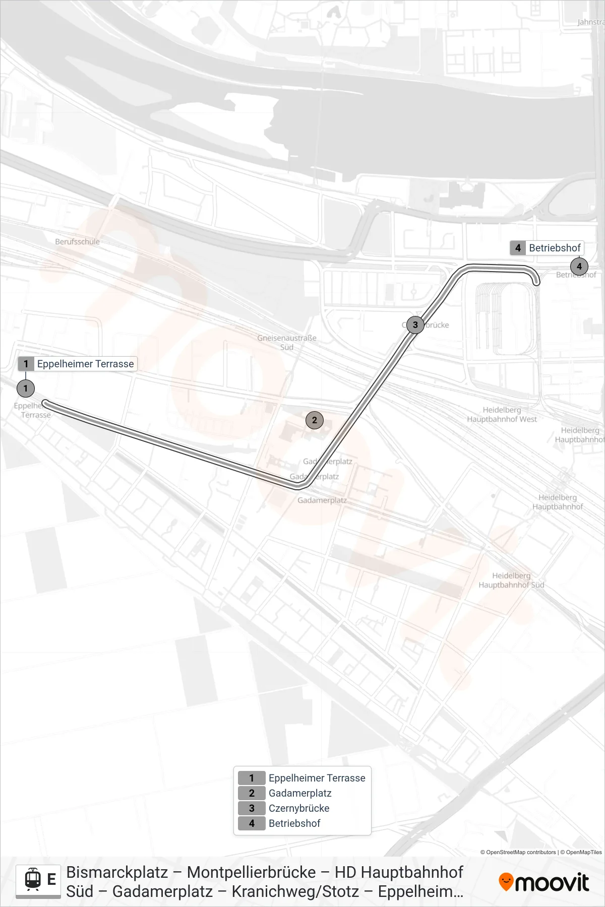 Linie E (Straßenbahn) Richtung Betriebshof: Route und Haltestellen auf der Karte