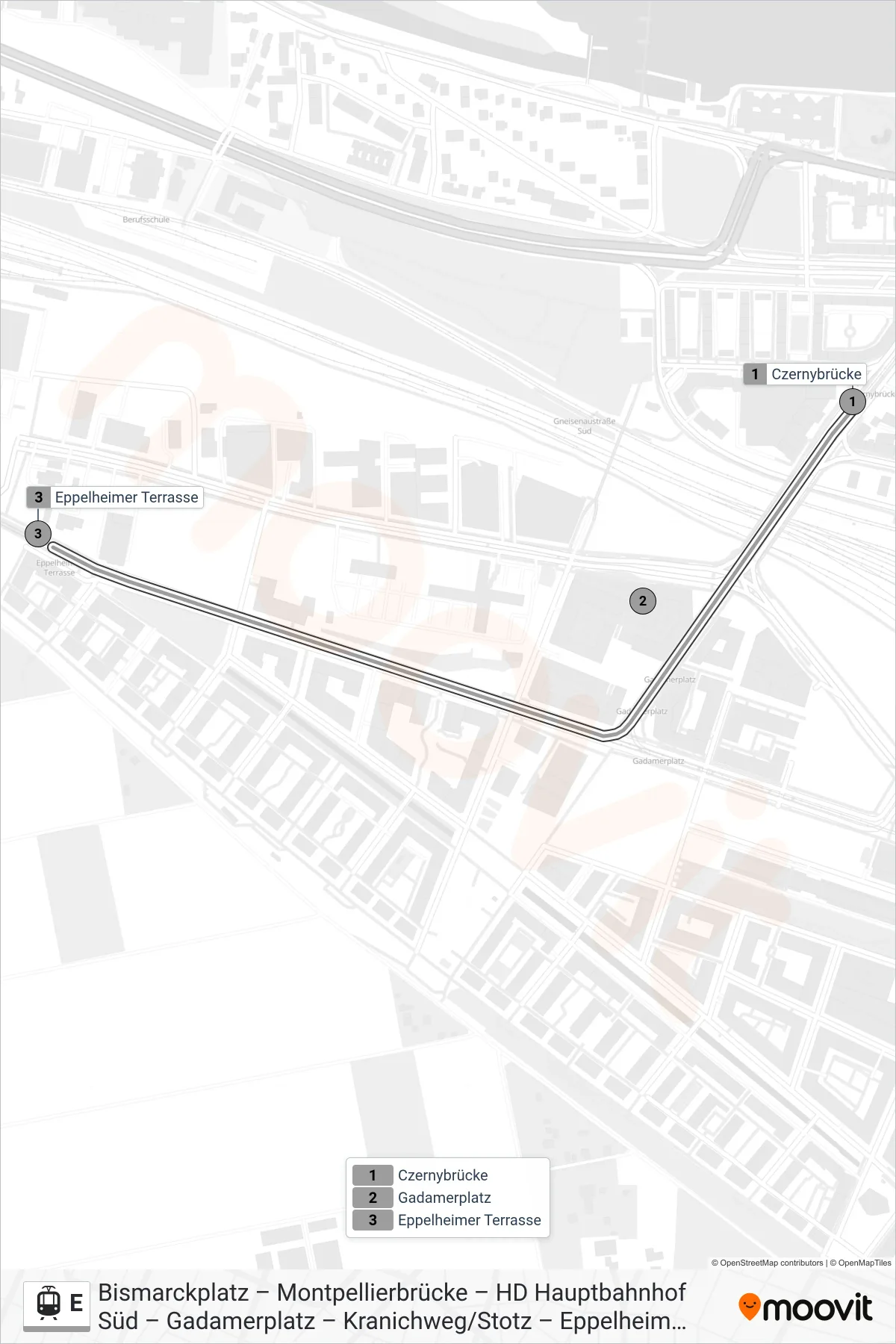 Linie E (Straßenbahn) Richtung Eppelheim: Route und Haltestellen auf der Karte