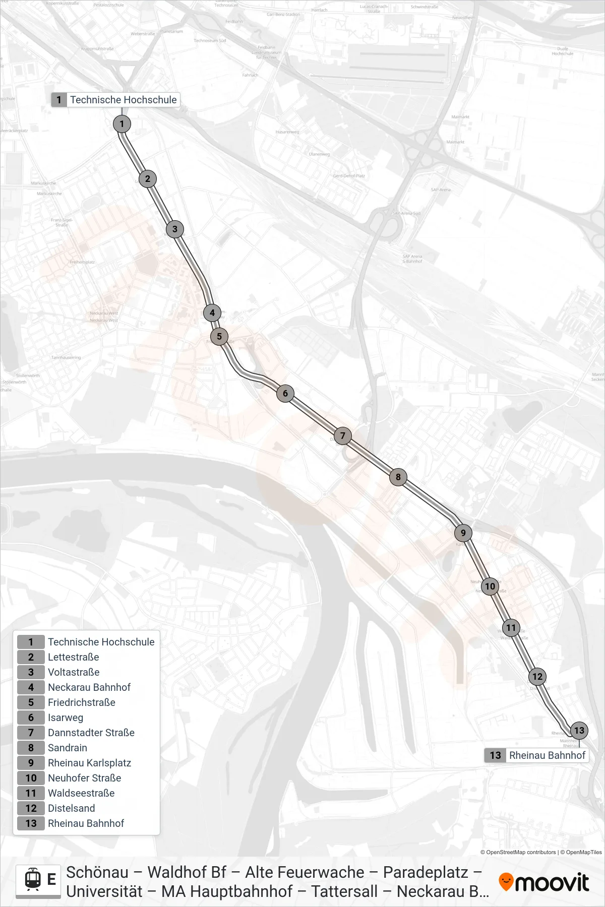 Linie E (Straßenbahn) Richtung Rheinau Bahnhof: Route und Haltestellen auf der Karte