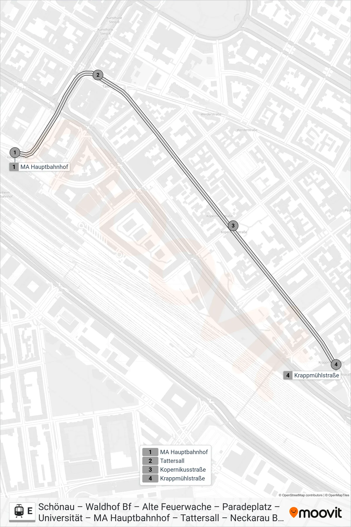 Linie E (Straßenbahn) Richtung Krappmühlstraße: Route und Haltestellen auf der Karte