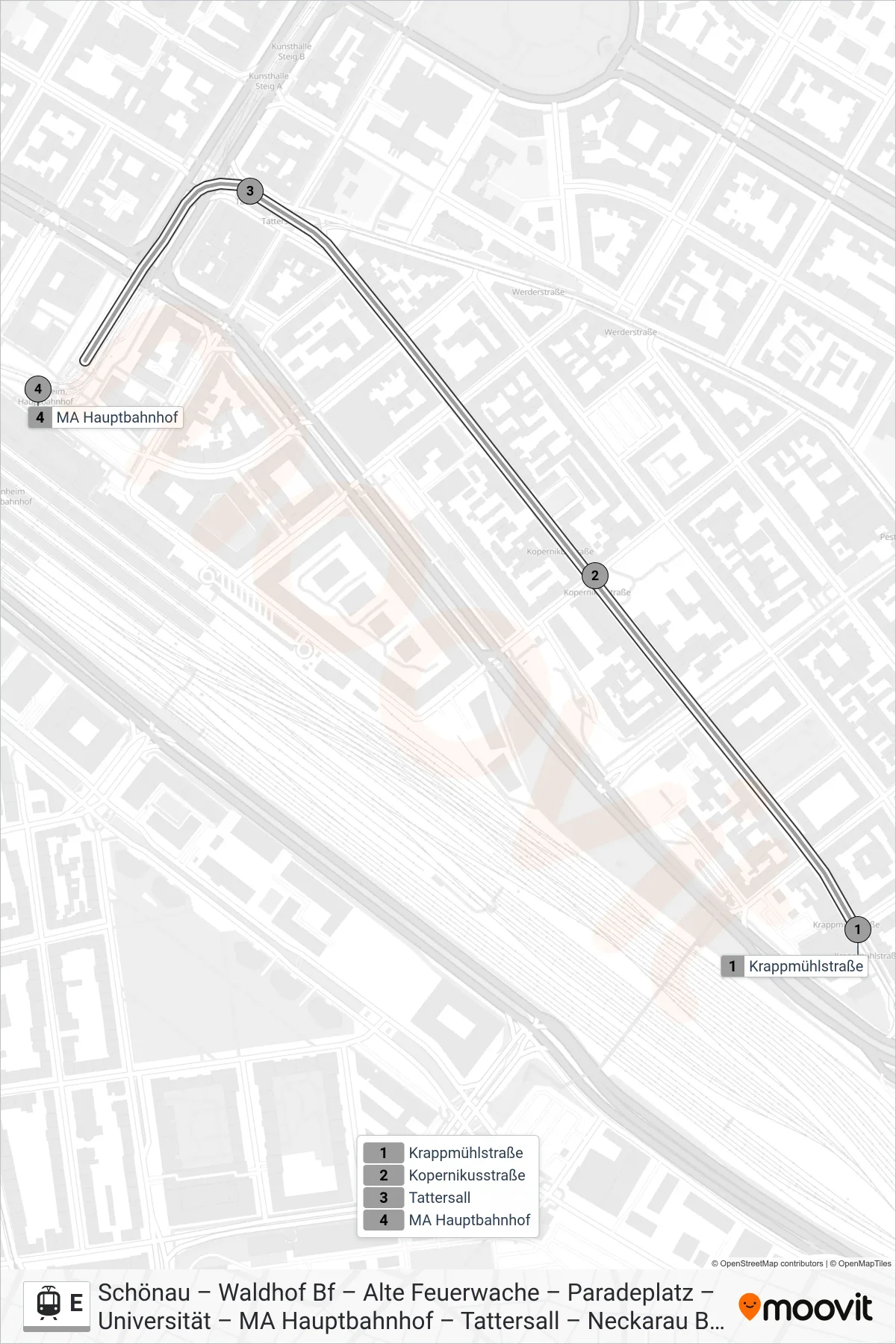E tram Line (MA Hauptbahnhof) route and stops on a map