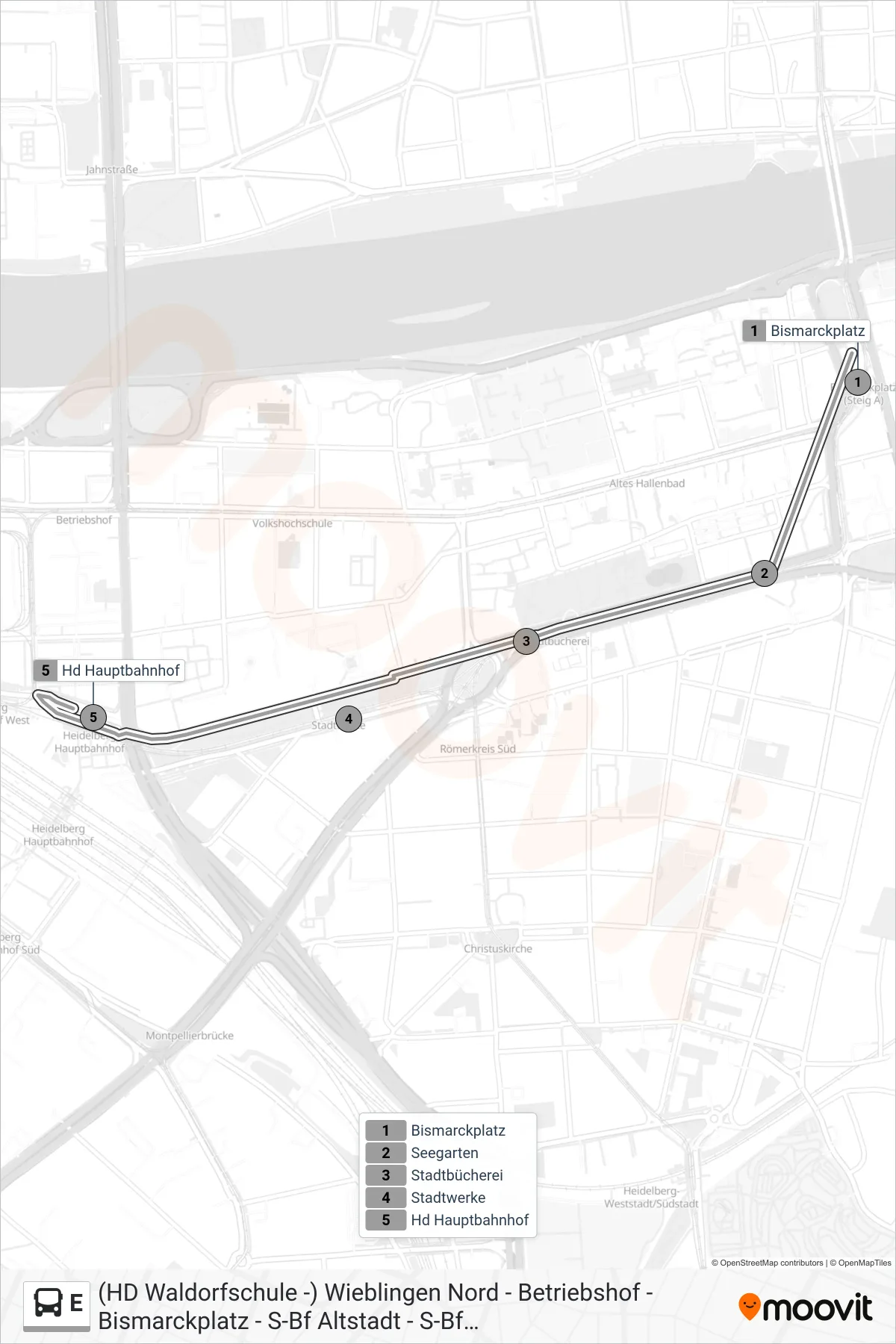 Linie E (Bus) Richtung Hd Hauptbahnhof: Route und Haltestellen auf der Karte