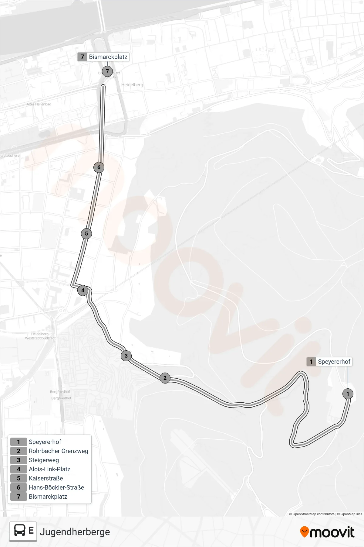 Linie E (Bus) Richtung Jugendherberge: Route und Haltestellen auf der Karte