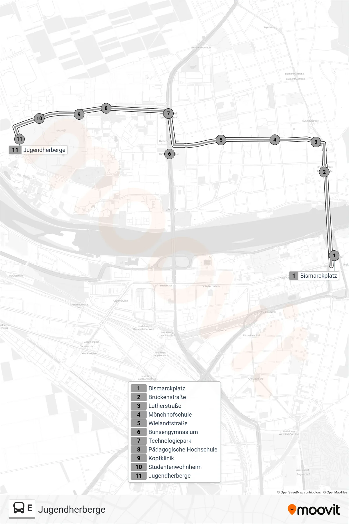 Linie E (Bus) Richtung Jugendherberge: Route und Haltestellen auf der Karte