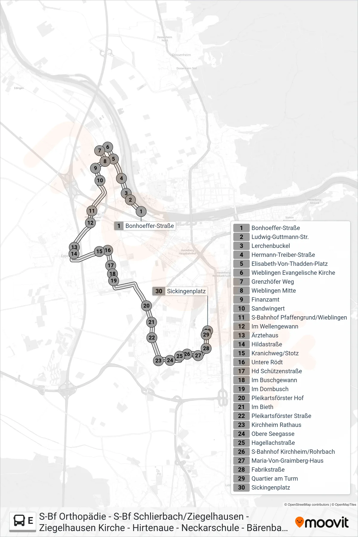 Linie E (Bus) Richtung Kirchheim: Route und Haltestellen auf der Karte