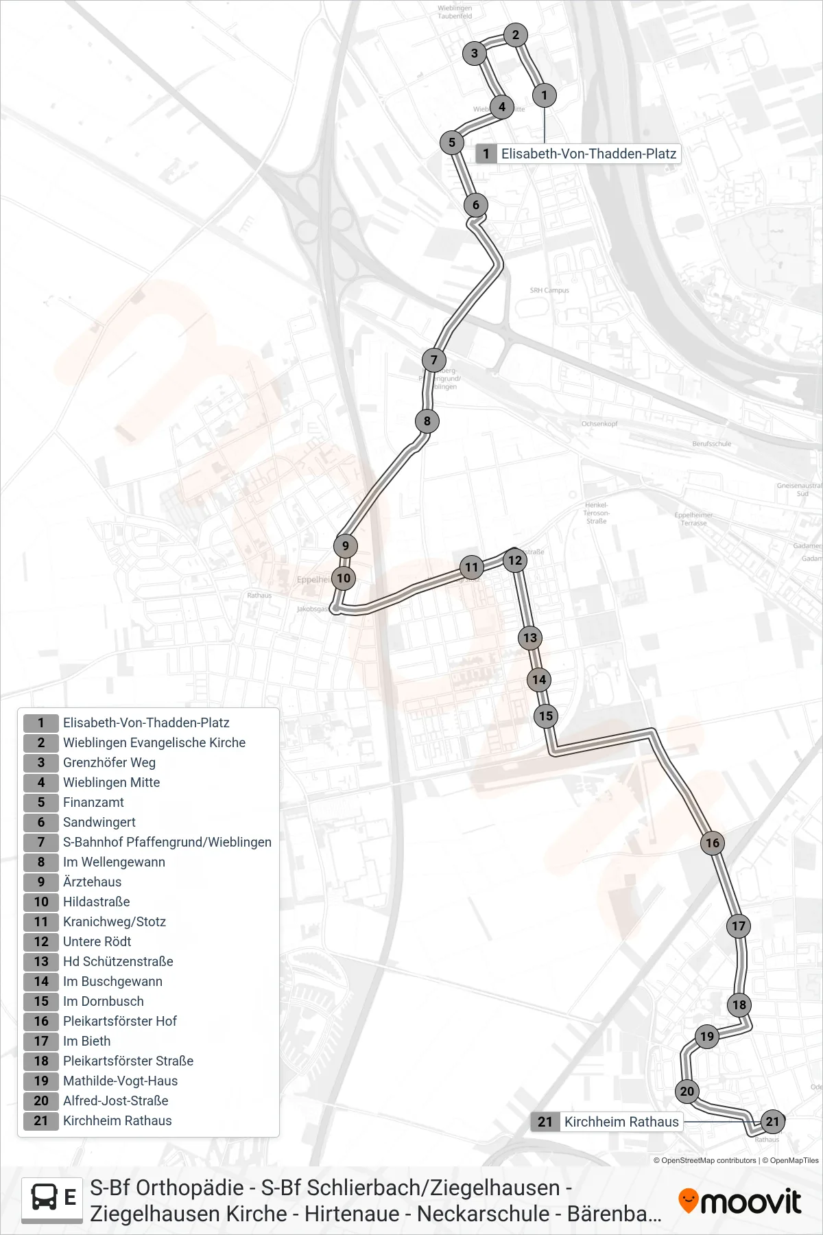 Linie E (Bus) Richtung Kirchheim Rathaus: Route und Haltestellen auf der Karte