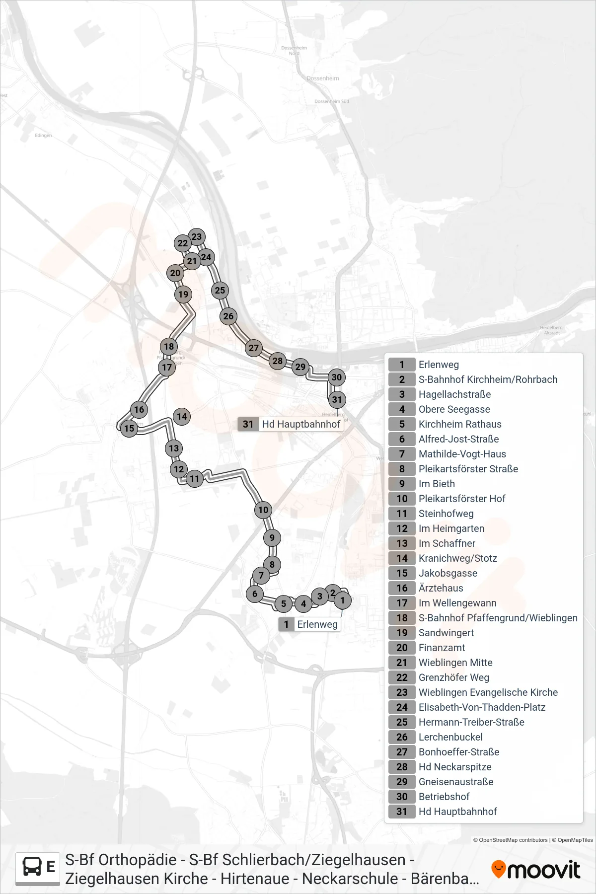Linie E (Bus) Richtung Hd Hauptbahnhof: Route und Haltestellen auf der Karte
