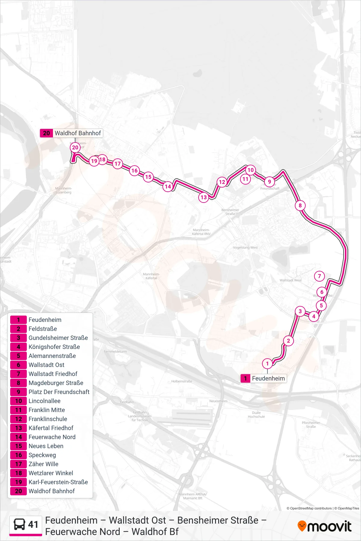 41 bus Line (Waldhof Bahnhof) route and stops on a map