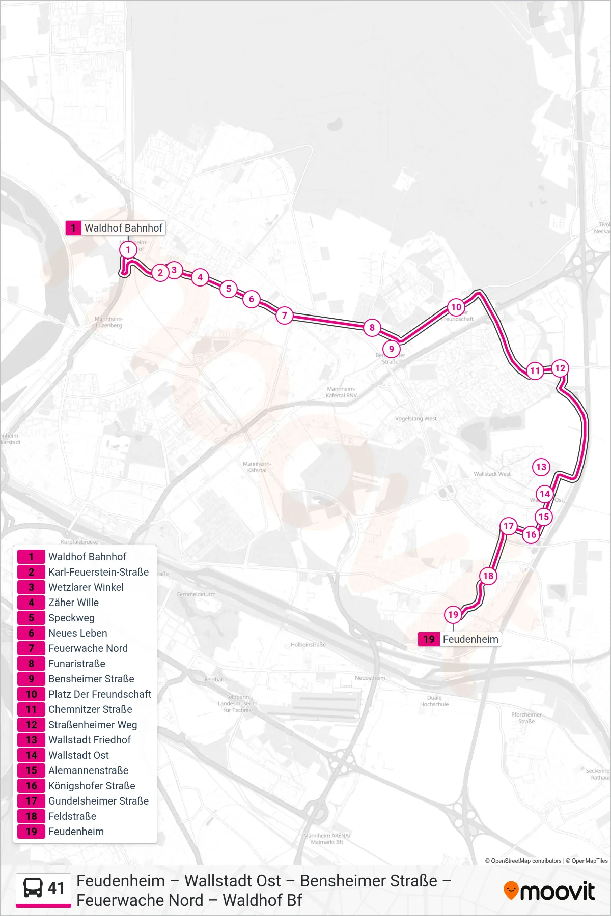 Linie 41 (Bus) Richtung Feudenheim: Route und Haltestellen auf der Karte
