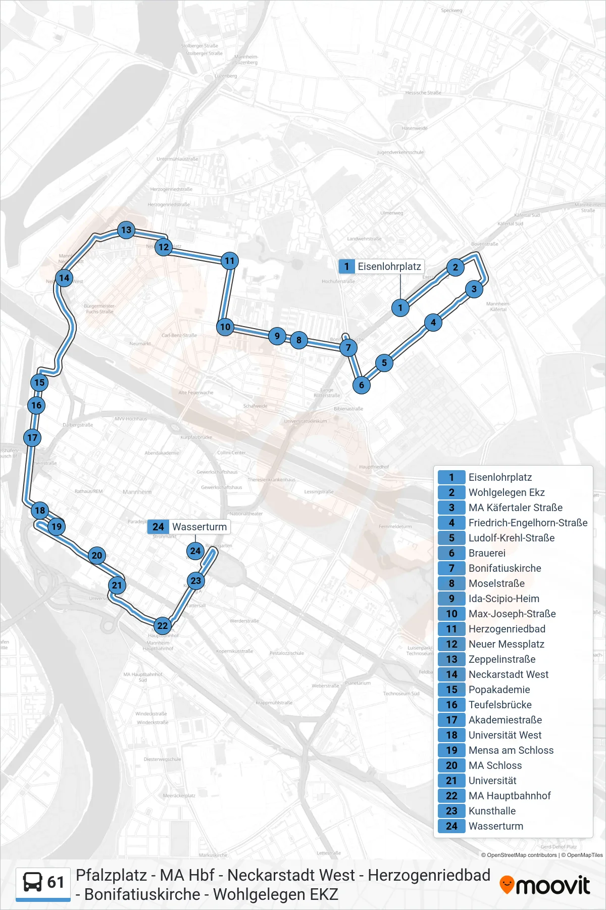 Linie 61 (Bus) Richtung Wasserturm: Route und Haltestellen auf der Karte
