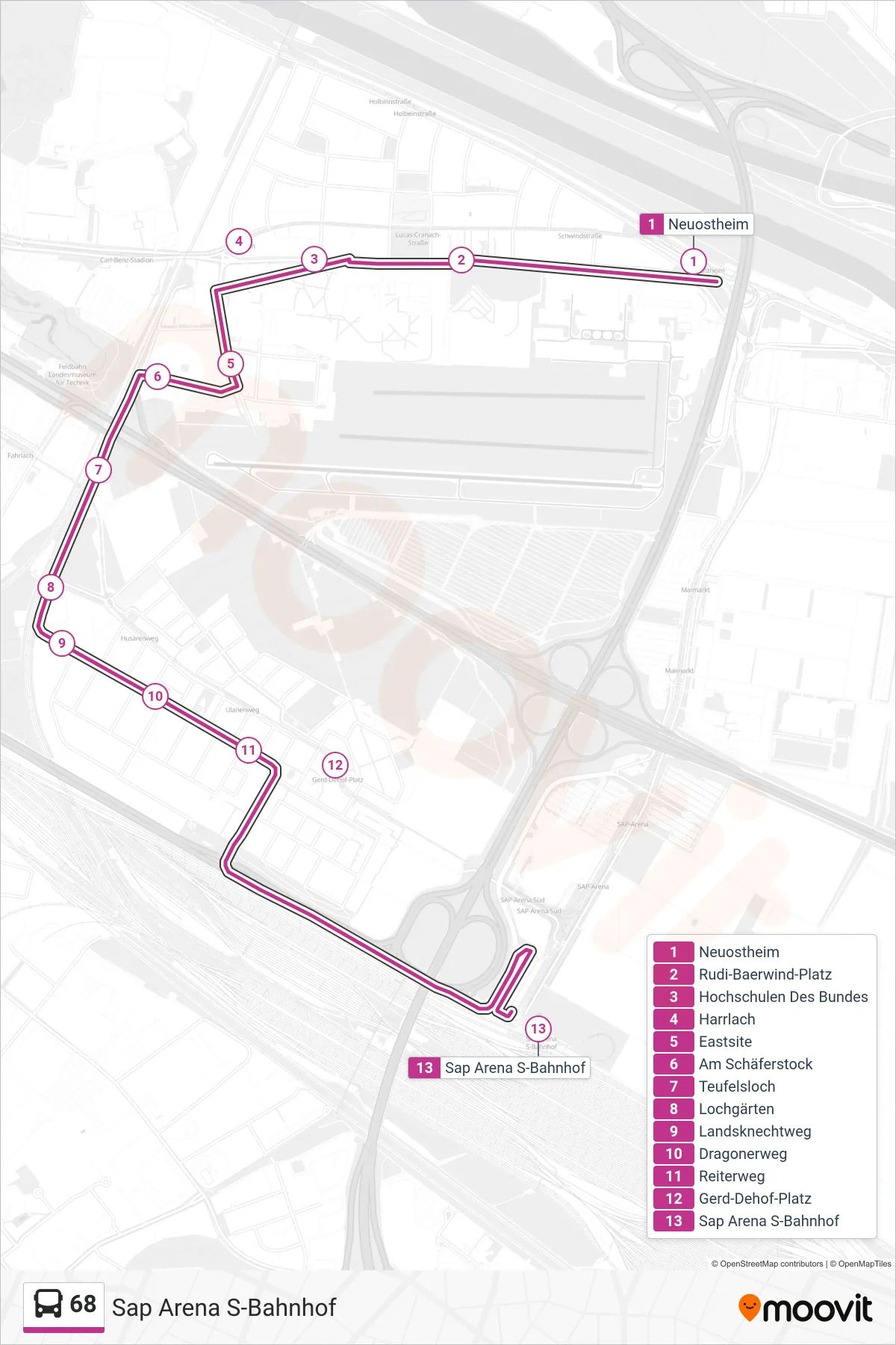 Linie 68 (Bus) Richtung Sap Arena S-Bahnhof: Route und Haltestellen auf der Karte