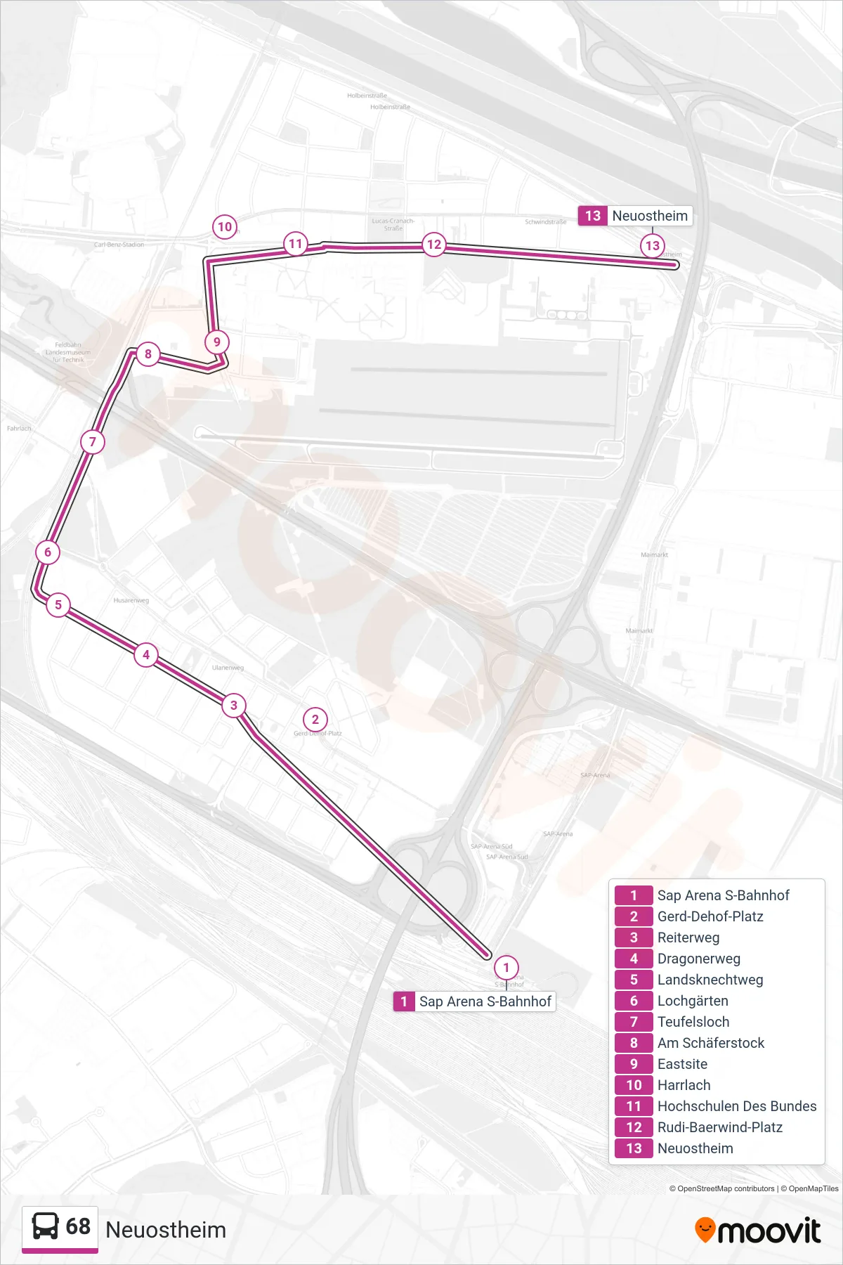 Linie 68 (Bus) Richtung Neuostheim: Route und Haltestellen auf der Karte