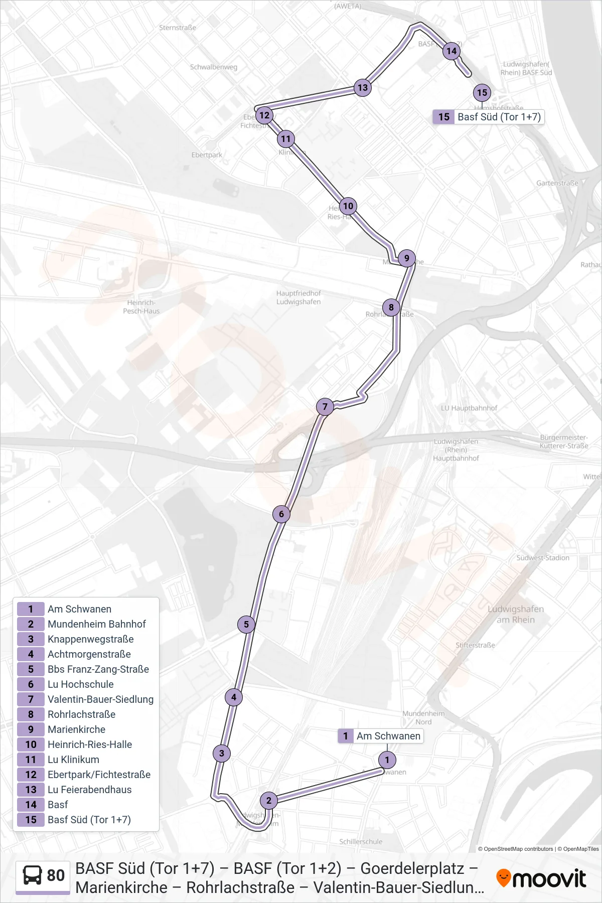 Linie 80 (Bus) Richtung Basf Süd: Route und Haltestellen auf der Karte